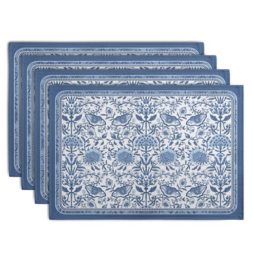 Blue Floral Boho Placemats Set of 4, 12x18 Inch Vintage Chinoiserie Block Print Place Mats Seasonal Spring Summer Rustic Farmhouse Table Mats for Party Kitchen Dining Outdoor Indoor Decor - color: Boho Floral Blue