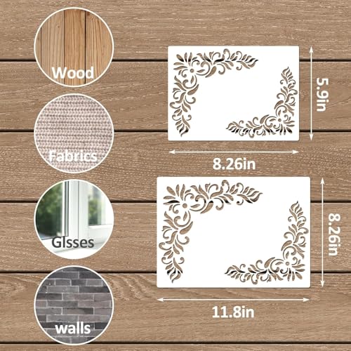 6Pcs White Wall Stencils for Painting, Vintage Floral Border Corner Stencil, Reusable Damask Paint Template for Wood Canvas Paper Fabric Floor DIY Art Craft