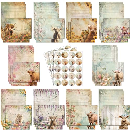 TaoBary 160 Pcs Floral Highland Cow Stationery Paper and Envelopes Set - size: 5.5 x 8.25 Inch, style: Floral Highland Cow