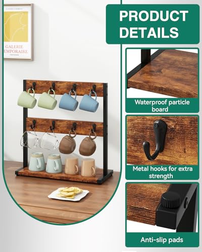 IBUYKE Coffee Mug Holder for Countertop,16 Hook Mug Tree,Brown TBJ001H - color: Rustic Brown, size: no shelf(16 mugs)