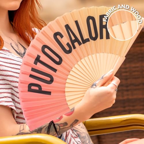 Fisura – Original Gradient Folding Fan with Message “P*to calor”. Wooden Handheld Fan for Women with Hanger. Accessory for Weddings, Parties, Festivals, Birthdays and Fun Gift Ideas. - color: Calor, Sunset Gradient