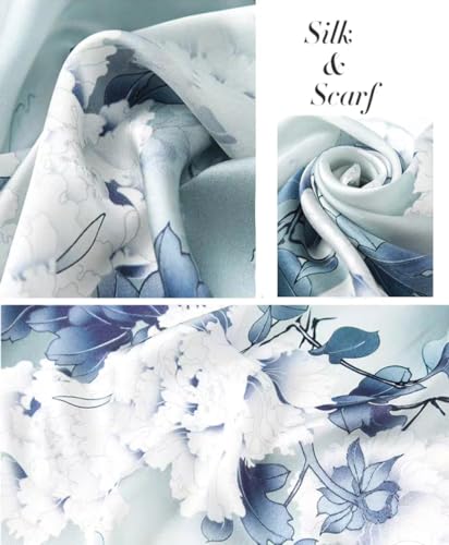 ANDANTINO 100% Silk Long Scarf-Women Large Oblong Shawls with Gift Packed - color: Dusty Blue Peony