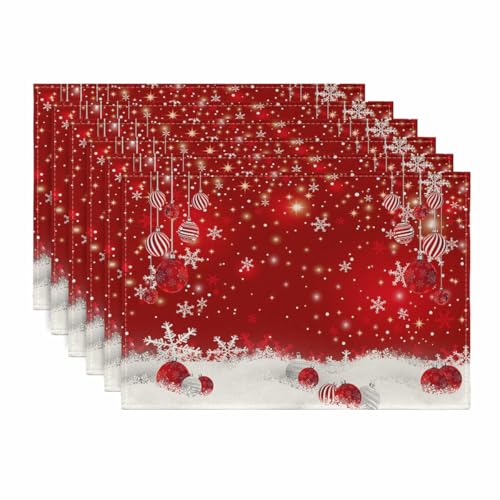Ansouyi Placemats Set of 6, Red Snowflakes Christmas Balls Washable Heat Resistant Linen Table Mats, Kitchen Decor Non-Slip Place Mats for Party Dining, 12x18 Inch - color: Christmas Balls