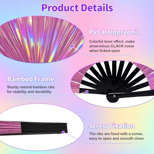 EOSAU Large Holographic Rave Fan Folding Hand Fans with Holster, Pink - color: 13" Pink Suit