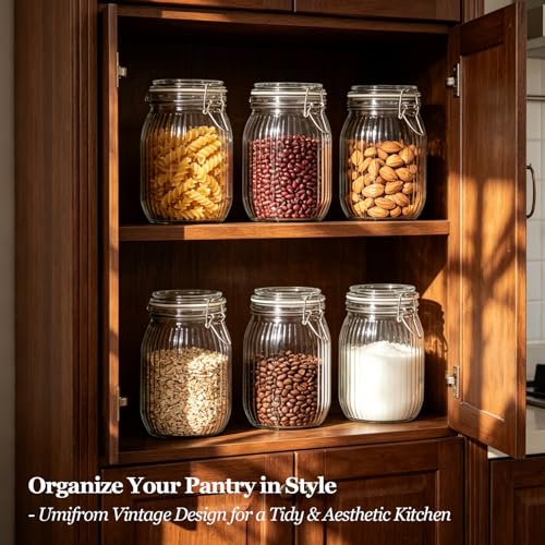 ComSaf Ribbed Glass Pantry Jars with Airtight Lids 34 oz 3 Pack Coffee - size: 34 fl oz x 3 - Ribbed