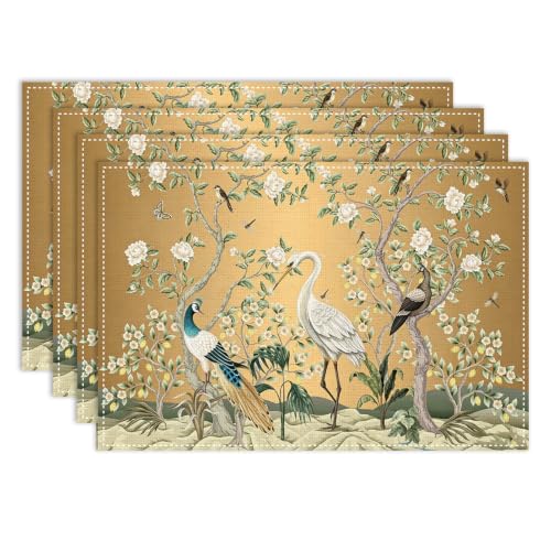 Peacock Vintage Floral Oriental Placemats Set of 4, 12x18 Inch - color: Floral Bird09, size: 4pcs