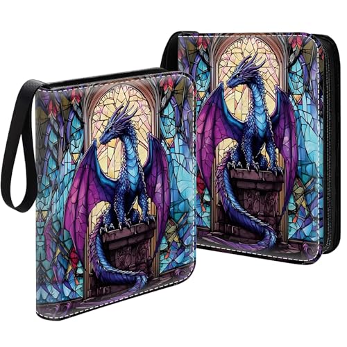 Card Binder 400 Pockets, 50 Sleeves Large Binder Trading Cards Holder 4 Pocket, Storage Organizer, Album Folder Case Protector Collector Gift Stained Glass Blue Purple Diamond Dragon - color: Stained Glass Blue Purple Diamond Dragon, size: 4 Pocket