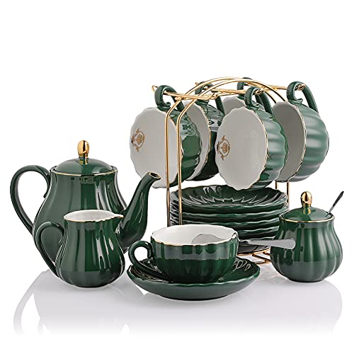 Sweejar Home Porcelain Tea Sets British Royal Series, 8 OZ Cups& Saucer Service for 6, with Teapot Sugar Bowl Cream Pitcher Teaspoons and Tea Strainer, Suitable for High Tea, Wedding, Party (Jade) - color: Dark Green