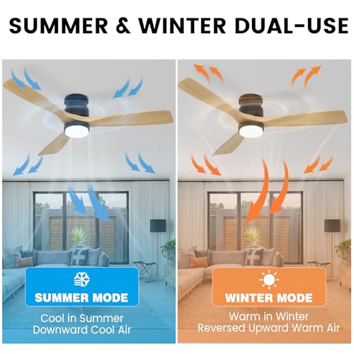 52inch Natural Wood Flush Mount Ceiling Fan with Light - color: Flush Mount - Natural wood