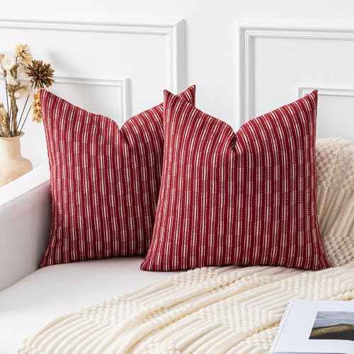 Kevin Textile Valentines Farmhouse Decorative Throw Pillow Covers Boho Woven Texture Burlap Linen Cushion Cover Striped Pillowcase, Wine Red 18 x 18 inches Pack of 2 - color: A-wine Red, size: 18" x 18" (Pack of 2)