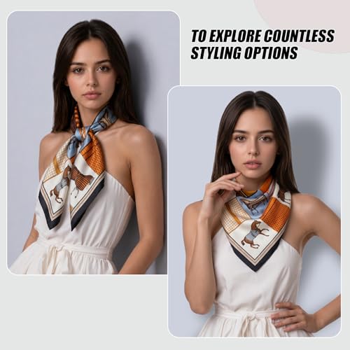 Seawhisper Premium Printed Satin Silk-Like Neck Scarf for Women Square 26" - color: Orange