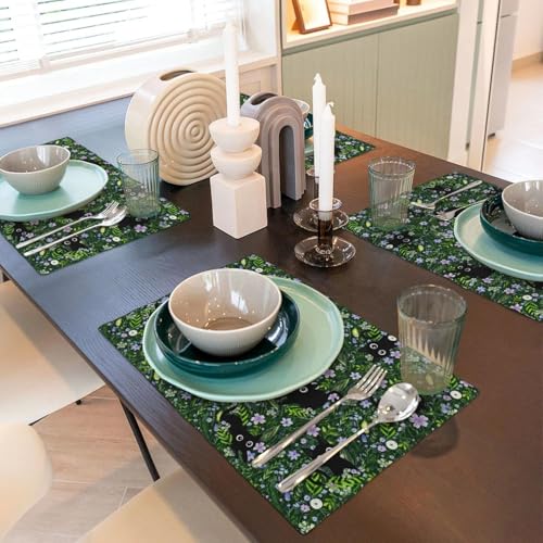 Black Cat Spring Floral Green Placemats Set of 4, Cat Wildflowers Shrub Table Place Mats Linen Washable Heat Resistant Place Mat, Kitchen Dining Restaurant Farmhouse Decoration - color: Green Cat