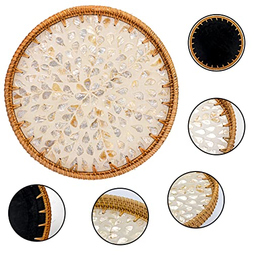 Frcctre 2 Pack Round Rattan Tray with Mother of Pearl Inlay, Rattan Serving Tray with Wooden Base, Decorative Wicker Basket for Bread Fruit Food Coffee Breakfast, Storage and Display, 2 Sizes