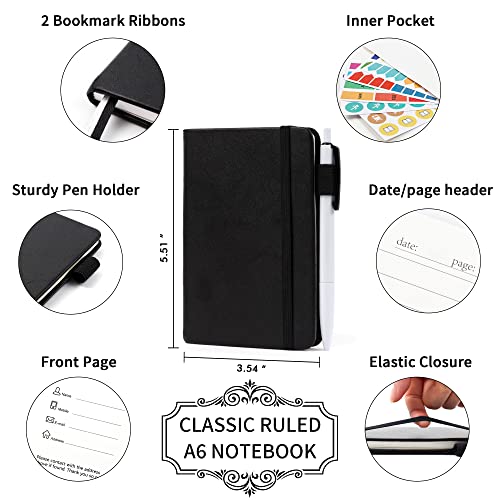 feela 3 Pack Pocket Notebook Journals with 3 Black Pens, A6 Mini Cute Small Journal Notebook Bulk Hardcover College Ruled Notepad with Pen Holder for Office School Supplies, 3.5”x 5.5”, Black - color: A6 3 Black