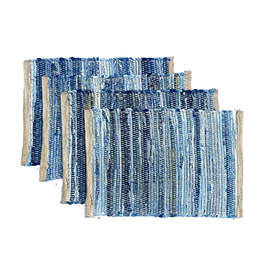 Perilla Home Natural Chindi Jute Placemats Set of 4 Vintage Boho 13x19 Inch Table Mats for Kitchen Dining Home Decor Rectangle Denim Blue Stripe Rustic Placemat