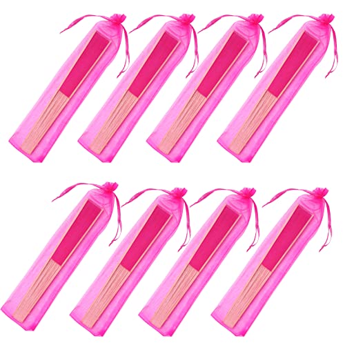 24pcs Imitated Silk Hand Fan Imitated Silk Fabric Bamboo Handheld Folded Fan Bridal Dancing Props Church Wedding Party Favors with Organza Bags (Hot Pink) - color: Hot Pink