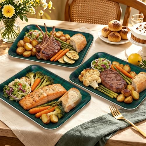 JarThenaAMCS 3Pcs Green Blue Tartan Plaid Serving Trays Vintage Plaid Reusable Serving Dishes Melamine Platter for Christmas Birthday Baby Shower Party Sharing Food Supplies - style: Green Blue Plaid