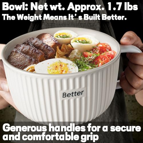 Artena 38 oz Soup Bowls with Handles, Lids, Spoons & Chopsticks – 6 Inch Large Microwave Safe Ceramic Ramen Bowls, Soup Mugs & Cereal Bowls for Instant Noodles, Oatmeal, Meal Prep (White-Set of 2) - color: White - Set of 2