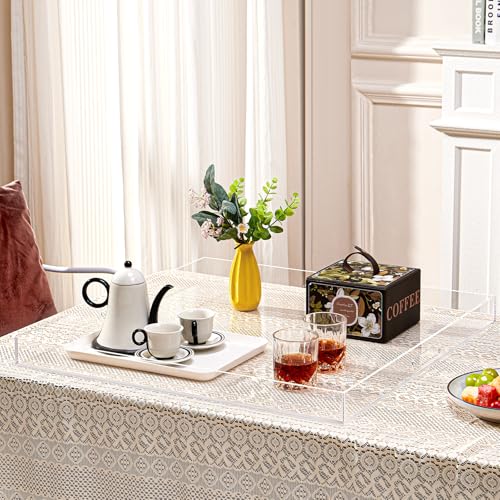 16×16 inches Oversized Clear Acrylic Ottoman Tray Extra Large Decorative Tray Spill-Proof Serving Trays with Handles King-Size Safe Edge Organizer for Coffee Table Countertop Breakfast - color: Clear, size: 16" x 16" x 2"