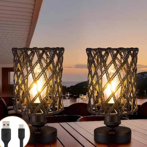 Cordless Outdoor Table Lamps, Small Rattan Boho, Rechargeable Battery Operated for Outdoor Patio, Home, Living Room, Bedroom, Bedside - Set of 2 (Black-A) - color: Black-A