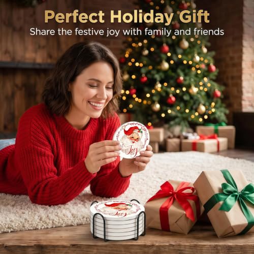 Nikyi 6 Pcs Christmas Red Santa Ceramic Absorbent Coasters, Round Drink Coaster with Metal Holder and Cork Base, for Coffee Table Kitchen Bedroom Living Office Desk Home Decor - color: Red Santa Claus
