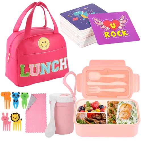 77 Pieces Bento Box Lunch Box Kit Large Pink Insulated Lunch Bag 3 Layer Stackable Leakproof Lunch Box Containers with Cup,Lunch Bag,Spoon,Fork,60 Pieces Lunch Box Notes for Girl Women (Rose Red) - color: Rose Red