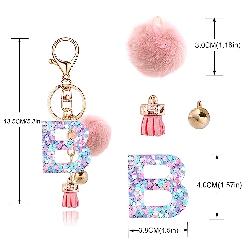 Resin Alphabet Initial Letter Keychain Keyring for Women Purse Handbags With Fur Ball Pom - color: Pink Fur Ball Letter B