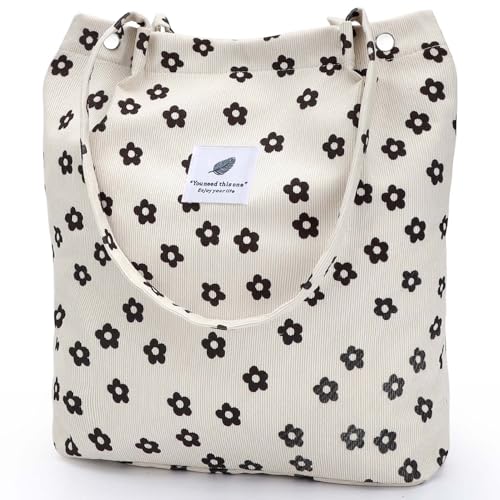 Ayieyill Corduroy Tote Bag for Women Canvas Shoulder Cord Purse with Inner Pocket - color: Black Flower