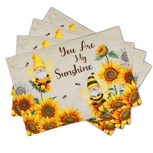 Giwawa Bee Gnomes Placemats Set of 4, 12x18 Inch Vintage Summer Sunflowers Linen Place Mat, Sunshine Floral Heat Resistant Washable Table Mats Kitchen Dining Seasonal Farmhouse Decor - color: Bee Gnome
