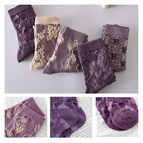 Vintage Embroidered Floral Socks for Women Combed Cotton Crew Socks - color: 5 Pairs - Purple