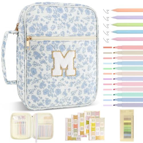 Personalized Initial Bible Cover Case for Women Girls Kid - Large Quilted Bible Case with Handle,Chenille Letter Bag Study Supplies,Christmas Gifts for Christians Birthday Graduation(Blue Flower-M) - color: Blue Flower, size: letter-M