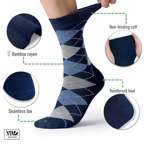 VRD Men's Dress Socks Bamboo Rayon, 5-Pack Crew Socks, Multiple Colors and Designs, Shoe Size 8-13, Gift Box - color: 02: Blue Navy, 5-pack Mix (2 Solid, 1 Striped, 1 Dotted, 1 Argyle)