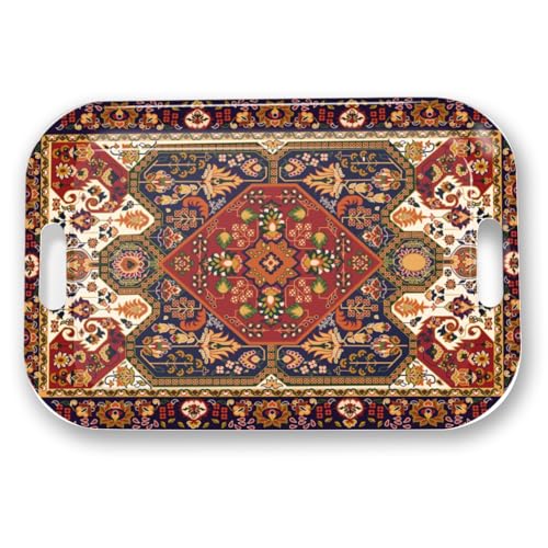 Serving Trays with Handles, 14.5 x 9.8 inch Rectangular Plastic Tray for Restaurant, Kitchen, Dark Red Pattern - color: Dark Red Pattern