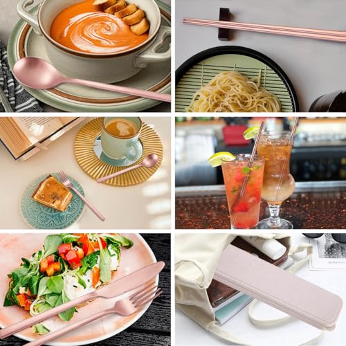 AARainbow 8 Pieces Stainless Steel Flatware Set Portable Reusable Cutlery Set Travel Utensils Set Including Chopsticks Knife Fork Spoon Straws Cleaning Brush Dishwasher Safe (B-Rose Golden) - color: B-Rose Golden