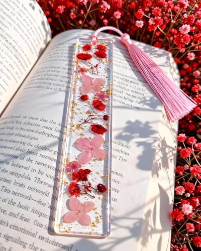 Buleens 2PCS Bookmarks for Women - Purple Book Marks for Readers Book Lovers, Personalized Handmade Dried Flower Resin Bookmark with Tassels, Pretty and Aesthetic - color: Pink White