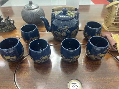 Gift Set Japanese Tea Set, Asian Black Glazed Ceramic Tea Set - Contains 1 Teapot, 1 Tea Strainer and 6 Teacups. Ideal for Home, Outdoor, Office (Blue2) - color: Blue2