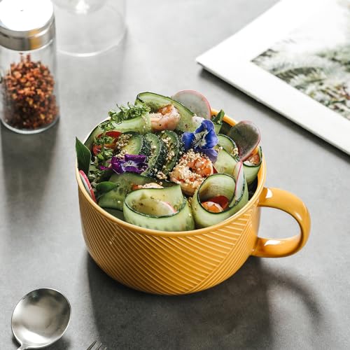Ceramic Soup Bowl with Handle, 38 oz Microwave Safe, Yellow - color: Mustard Yellow