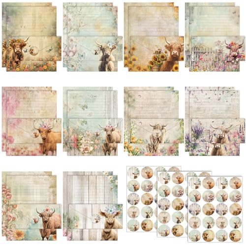TaoBary 160 Pcs Floral Highland Cow Stationery Paper and Envelopes Set - size: 8.5 x 11 Inch, style: Floral Highland Cow