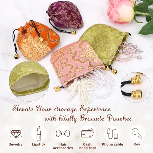 kilofly 24 pc Chinese Silk Brocade Drawstring Jewelry Bag Gift Pouch Value Set - color: Multicoloured