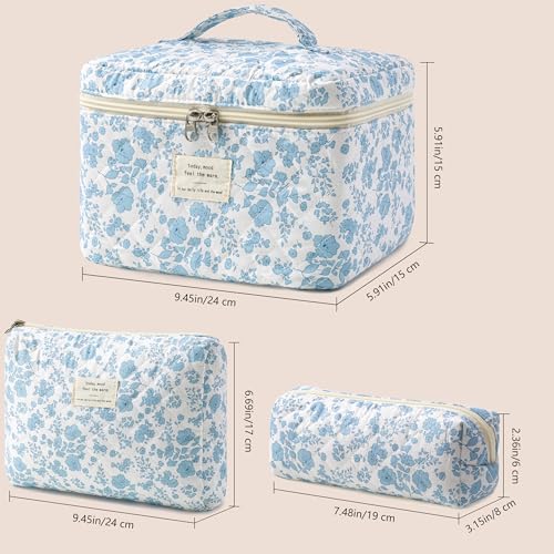 HBselect Quilted Makeup Bag, 3Pcs Cotton Large Travel Makeup Bags Organizer - color: A-3PCS-Floral 6
