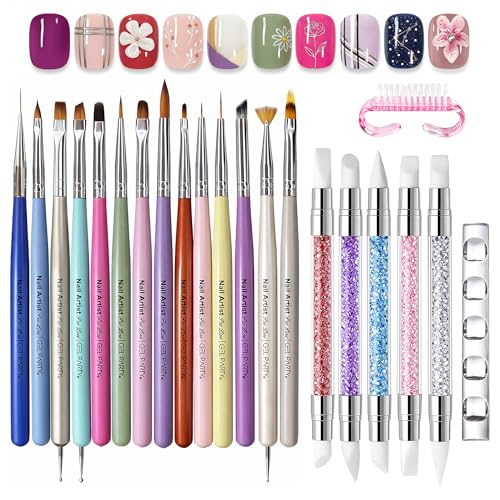 GELPARTY 21 Pcs Pastel Nail Art Brush Set for Gel Polish, Acrylic & Ombre – Professional Detail Liner Brushes, Dotting Tools, Silicone Sculpting Pens & Gradient Painting Kit for DIY Manicure