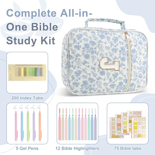 Personalized Initial Bible Cover Case for Women Girls Kid - Large Quilted Bible Case with Handle,Chenille Letter Bag Study Supplies,Christmas Gifts for Christians Birthday Graduation(Blue Flower-J) - color: Blue Flower, size: letter-J