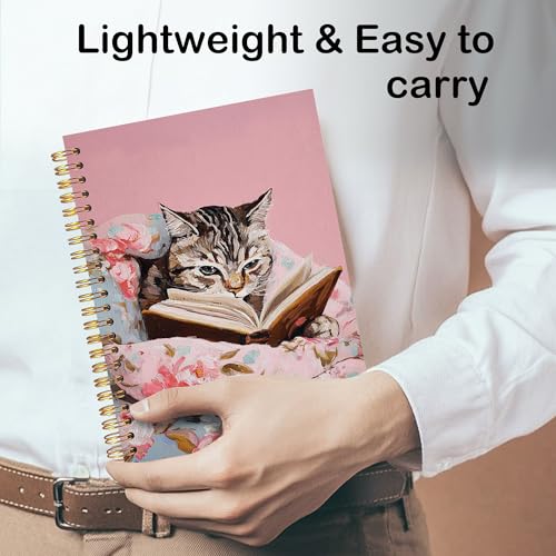 Spiral Notebook 8.3x5.5 Inches, Cozy Reading Cat Journal, Pink Floral Cat Notebook, Cute Striped Kitten Diary, Lined Spiral Writing Notebook - color: Bookish Cat