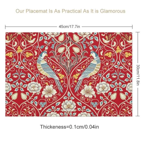 Vintage Floral Placemats Set of 4, 12x18 Inch William Morris Red Boho Rustic Ethnic Flower Bird Seasonal Farmhouse Holiday Table Mats for Party Kitchen Dining Decoration - color: Floral Bird08, size: 4pcs