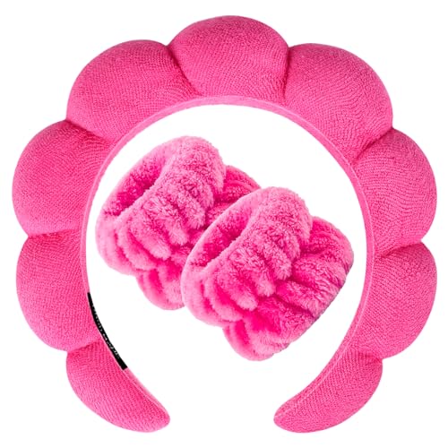 Zkptops Spa Headband for Washing Face Wristband Set Sponge Makeup Skincare Terry Cloth Bubble Soft Get Ready Hairband for Women Girl Puffy Padded Headwear Non Slip Thick Hair Accessory(Hot Pink) - color: YP Hot Pink