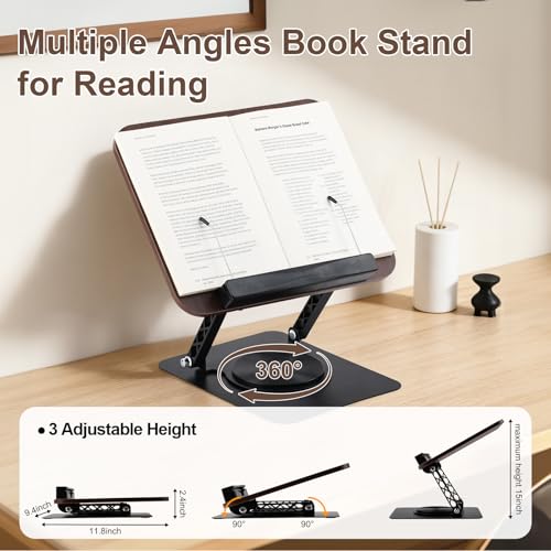 360° Rotating Book Stand with Elastic Page Clips Cookbook Tablet Holder