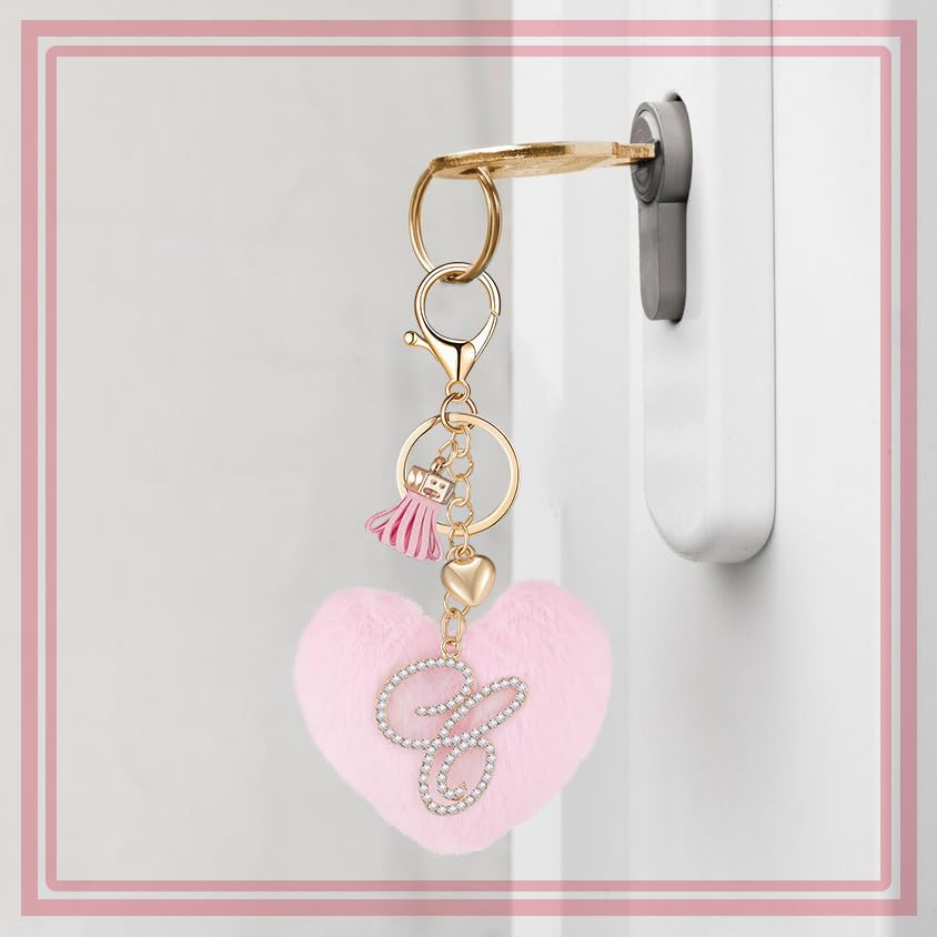 Initial Letter Heart Pom Pom Keychain for Women Pink Soft Fluffy Ball Key Ring for Purse Backpack Handbag - color: C