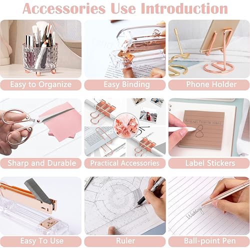 Rose Gold Desk Accessories, Office Supplies Desk Organizers 360°Pen Holder Acrylic Stapler Set, Phone Holder, Ballpoint Pen, Scissor, Binder Clips, Ruler, Transparent Glue, Sticky Note and Staples. - color: Rose Gold