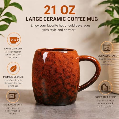 21oz Large Handmade ceramic Mug, Big Ceramic Tea Cup, Durable and Heavy Microwave and Dishwasher Safe Pottery Coffee Mug with Handle, Reactive Glaze Stoneware Clay coffee mug (Reddish Orange) - color: Reddish Orange