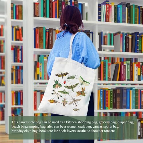 Canvas Aesthetic Tote Bag for Women with Inner Pocket Totes Shoulder Book Bag Shopping Reusable Grocery Bags - color: Bugs Pattern